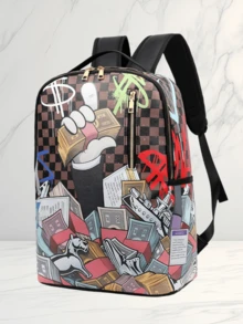 1 pieza Mochila universitaria casual con graffiti, de gran capacidad, con estampado de dibujos animados, estampado de moda casual, estampado de letras, estampado de graffiti, bolso para hombres, adecuado para vacaciones, deportes, viajes, vintage, puede contener archivos, portátil, uso en el gimnasio