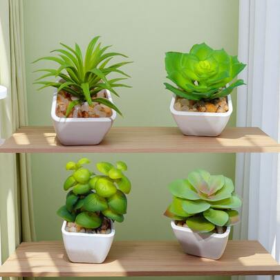 1 套（4 件）黑色花盆仿真植物与小型人造植物，包括用于室内家居装饰、办公室、浴室和卧室的花盆，配有塑料桉树和微型小麦草植物，非常适合室内办公桌人造植物装饰