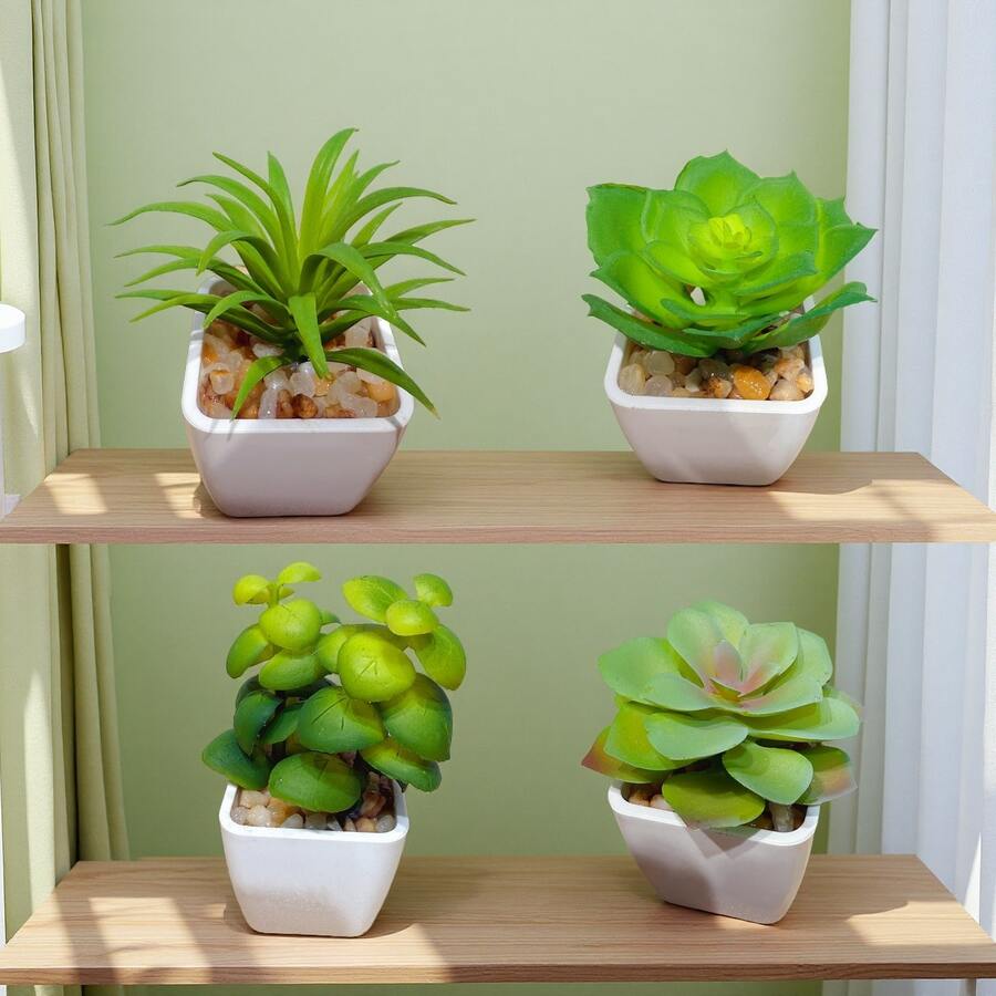 1 套（4 件）黑色花盆仿真植物与小型人造植物，包括用于室内家居装饰、办公室、浴室和卧室的花盆，配有塑料桉树和微型小麦草植物，非常适合室内办公桌人造植物装饰 - 彩色 - 查看 1