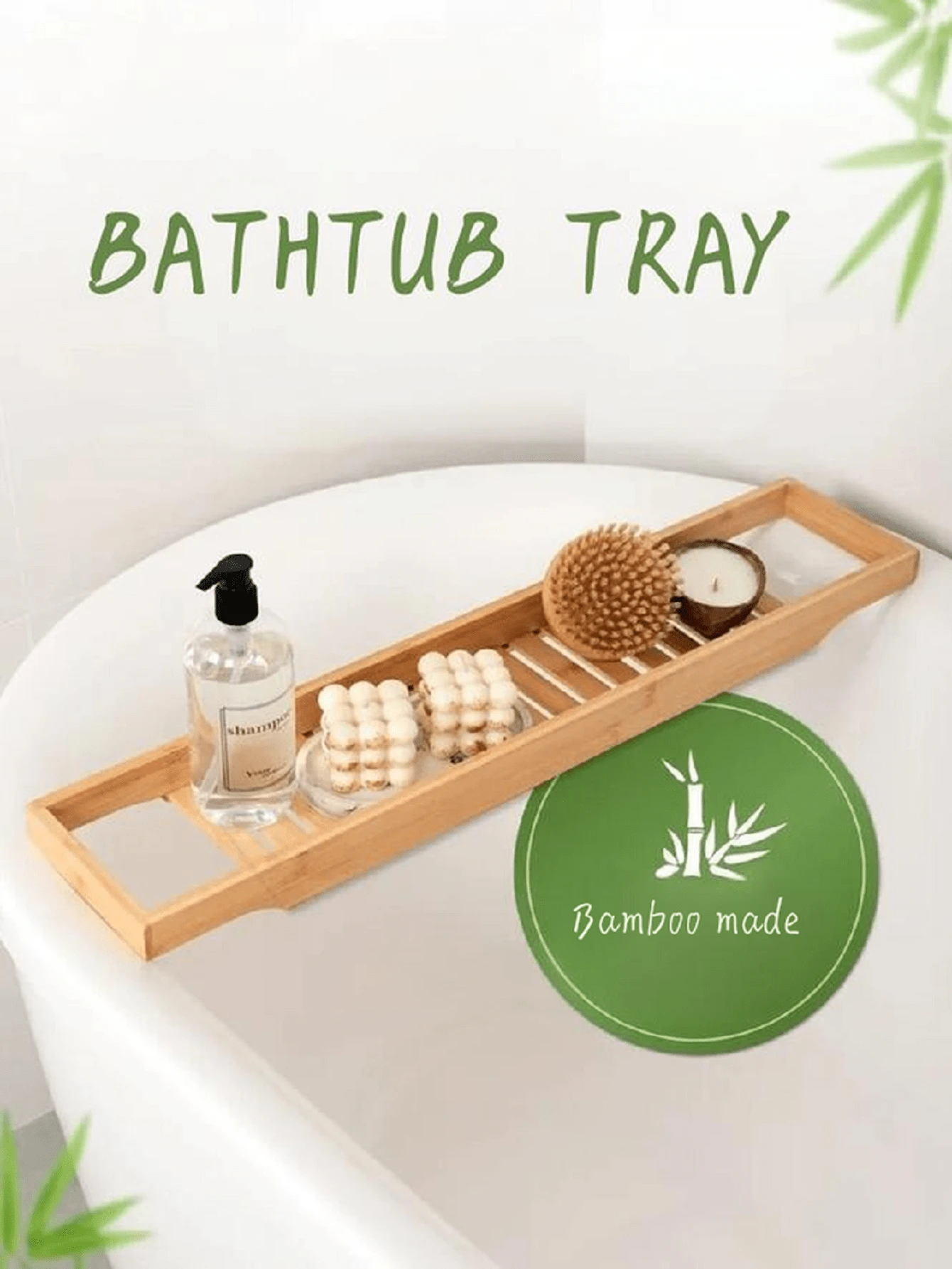 Nampan Penyimpanan Perlengkapan Mandi dari Bambu - Pengatur Bak Mandi & Pancuran, Tahan Lembap, Ringkas & Ringan, Perlengkapan SPA Penting untuk Relaksasi di Bak Mandi - Jahe - View 1