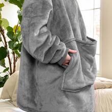 1pc Flannel Blanket With Sleeves, Winter Hooded Sweatshirt Robe, Giant Wearable Blanket For Adults With Extra Large Pockets On Left, Right And Top Sides, Suitable For Small Pets - Dark Grey - View 4