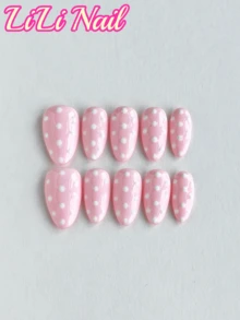 10片手工亚克力美甲贴纸，美甲用品，短杏仁形美甲贴纸，白色美甲贴纸，粉色美甲贴纸，波点美甲贴纸，UV美甲胶，美甲套装，亚克力美甲用品，可爱圣诞美甲贴纸，包含美甲工具 - 彩色 - 查看 2