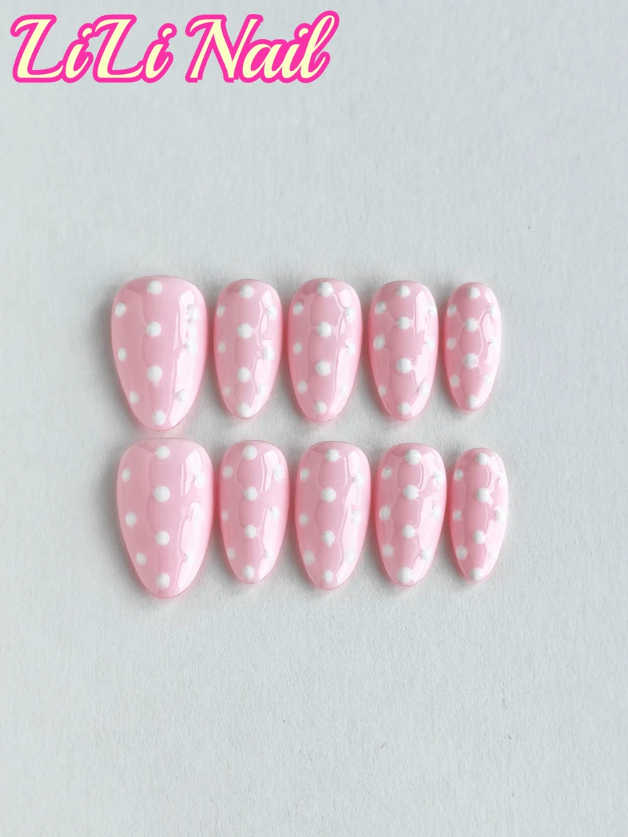 10片手工亚克力美甲贴纸，美甲用品，短杏仁形美甲贴纸，白色美甲贴纸，粉色美甲贴纸，波点美甲贴纸，UV美甲胶，美甲套装，亚克力美甲用品，可爱圣诞美甲贴纸，包含美甲工具