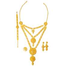 طقم مجوهرات نسائي عالي الجودة مطلي بالذهب مكون من 3 قطع: قلادة بقلادة طويلة + أقراط + سوار + خاتم، مناسب للنساء في الشرق الأوسط وأفريقيا لحفلات الزفاف والمناسبات اليومية