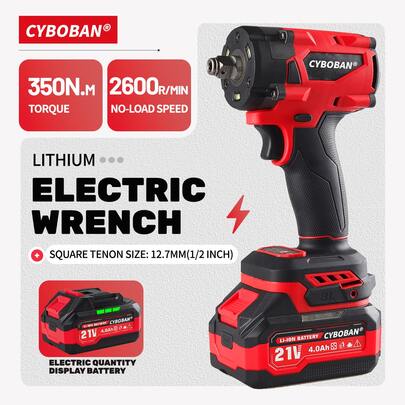 أداة كهربائية CYBOBAN، مفتاح ربط كهربائي لاسلكي 1/2.21 فولت، عزم دوران عالي 350 نيوتن متر، مفتاح ربط كهربائي بدون فرشاة، بطارية ليثيوم 4.0 أمبير ساعة، فك الصواميل، بناء الحامل المرحلي، الصيانة المنزلية وأدوات أساسية أخرى، إضاءة LED دائرية، أكثر إشراقًا، ضبط تروس عالي ومنخفض، شاحن قياسي دولي، أفضل تكوين تحت نفس الآلة، منتج عالي الجودة، ملحقات مجانية، متوافق مع بطارية MT