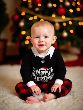 2pcs Toddler Boys' Gentleman Style Long Sleeve Collared Top And Plaid Pants Christmas Outfit