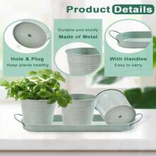 Indoor Herb Planter Set With Tray - Metal Windowsill Pot With Drainage & Plug For Outdoor Garden, Light Green