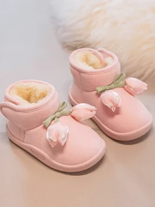 1pc 2025 Winter New Plush Short Boots With Tulip Decor, Soft Sole, Warm, Anti-Slip, Cute Snow Boots For Women