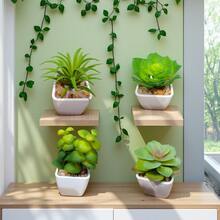 1 套（4 件）黑色花盆仿真植物与小型人造植物，包括用于室内家居装饰、办公室、浴室和卧室的花盆，配有塑料桉树和微型小麦草植物，非常适合室内办公桌人造植物装饰 - 彩色 - 查看 3