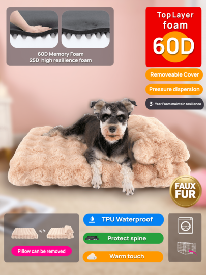 Orthopedic Foam Pet Bed With Faux Fur, Removable Cover, TPU Waterproof & Spine Protection For Dogs & Cats Where Luxury Meets Next-Level Comfort For Dogs & Cats. Cloud-Like Comfort: Crafted With 25D Orthopedic Foam To Cradle Joints, Relieve Pressure, And Protect Their Spine-Perfect For Nappers And Seniors.