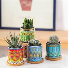 8 Pack Boho Ceramic Planter Pots With Bamboo Trays, 3 Inch Small Flower Pots With Drainage - Decorative Geometric, Floral, And  Designs