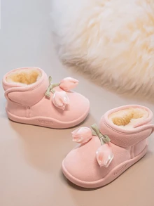 1pc 2025 Winter New Plush Short Boots With Tulip Decor, Soft Sole, Warm, Anti-Slip, Cute Snow Boots For Women