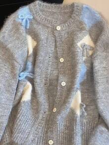 Vintage grüne Schleife Strickjacke, weich & gemütlicher Außenmantel Pullover für Herbst/Winter - Grau - Übersicht 2