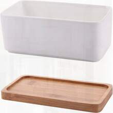 6.69 Inch Ceramic White Rectangular Succulent/Cactus Planter With Bamboo Tray (Set Of 1)