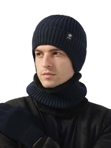 2 件套男士秋冬帽子和围巾套装，针织无檐便帽护耳保暖骑行 - 多色 - 查看 2