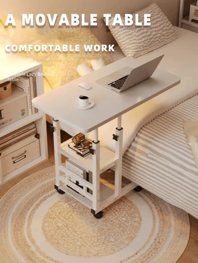 1pc White Wooden Laptop Desk - Adjustable Height Bedside Work Table With Wheels, Portable Office Stand For Bedroom, Living Room, Dorm, Office - Space Saving Design