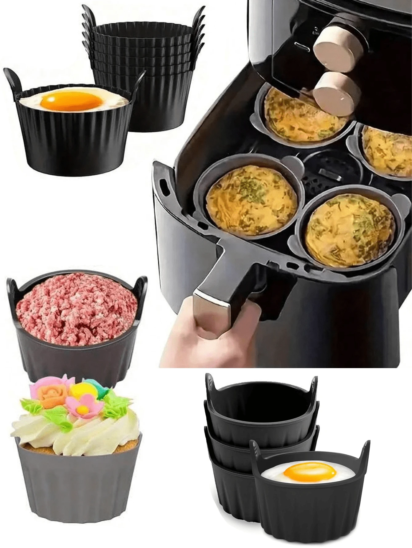 Molde para pochar huevos en freidora de aire, moldes de silicona para magdalenas y tartaletas para freidora de aire, molde reutilizable para pochar huevos en microondas, molde para tartas, accesorios de cocina, utensilios de hornear, suministros DIY para cumpleaños, bodas, fiestas, Año Nuevo y Navidad, suministros prácticos para el desayuno, suministros para cenas familiares, suministros para fiestas