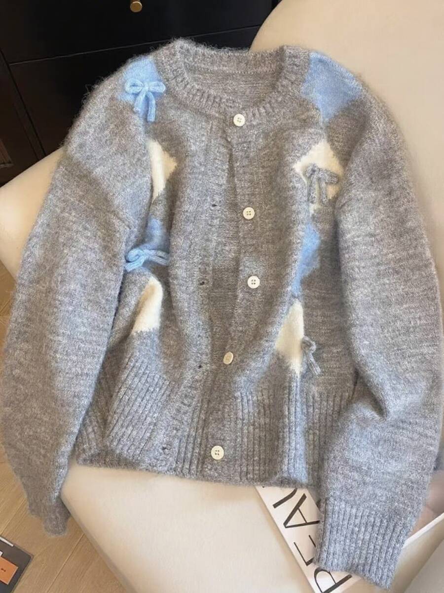 Vintage grüne Schleife Strickjacke, weich & gemütlicher Außenmantel Pullover für Herbst/Winter - Grau - Übersicht 1