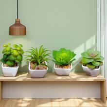 1 套（4 件）黑色花盆仿真植物与小型人造植物，包括用于室内家居装饰、办公室、浴室和卧室的花盆，配有塑料桉树和微型小麦草植物，非常适合室内办公桌人造植物装饰 - 彩色 - 查看 4