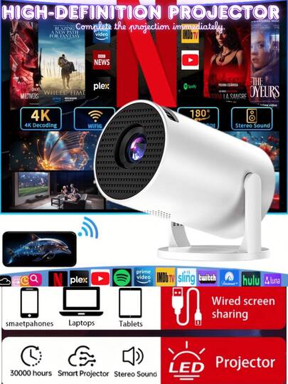 Projetor portátil de alta definição 1080p, compatível com a maioria dos dispositivos comuns, como celulares, pen drives e laptops, oferece 3,6 portas de áudio com alto-falantes externos, ângulo ajustável de 240° e projeção de tela em um segundo sem espera. É muito adequado para home theaters, escritórios ou festas!