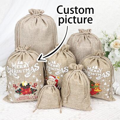 1/10pcs Customized Christmas Drawstring Linen-Like Bags, Composite Linen Cloth Bags, Wine Bags, Bracelet Pouches, Christmas Decor Bags, Candy Bags, Snack Bags, Christmas Gift Bags, Jewelry Storage, Daily Storage