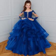 1pc Princess Long Sleeve Flower Girl Dresses Appliques Ruffles Tulle Pageant Dresses For Girls Kids Party Ball Gowns,First Communion Dress,Tween Girls Princess Dress,Birthday,Wedding Or Photoshoot Outfit,Dance Performance Dress,Piano Performance Dress,Perfect For Shows,Birthday Parties,Vacations,Pageant,Prom Dress - Royal Blue - View 9