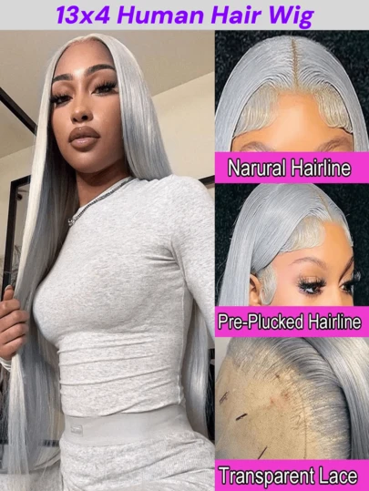 Grey Color Straight Human Hair Wigs 13x4 Lace Front Wig Pre-Plucked With Baby Hair Virgin Human Hair 150% Density Transparent Lace Frontal Wig For Women Suitable For Various Occasions Including Music Festivals, Parties, Cosplay, Holidays And All Seasons