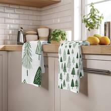2pcs Christmas Winter Minimalist Christmas Tree & Pine Pattern Kitchen Towels, Soft Polyester Material Dish Cloths, Suitable For Kitchen Decor, Kitchen Cleaning, Holiday Party Decoration, Kitchen & Bathroom Essentials, Home Decor, Housewarming Gift