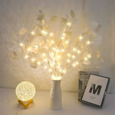 3件套逼真桉树枝（不含电池），配有LED灯串、仿白色枝干和自然质感的叶子，适合圣诞节装饰/家居装饰，也适用于家庭、办公室、婚礼派对装饰 - 高35.99英寸