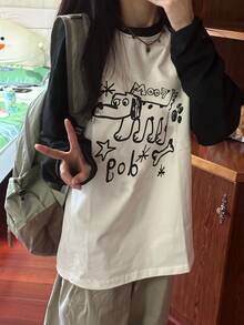 2025秋季新款女士T恤，时尚休闲宽松长袖字母狗狗印花T恤，拼色棉质街头韩版 - 白色 - 查看 8