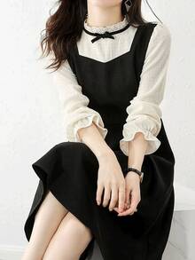 Women's Lace Dress, Long Sleeves, A-Line, Ruffles, Puff Sleeves, Knee-Length, Flattering, Stylish, Perfect For Spring, Autumn, And Winter