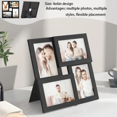 1个4x6英寸彩色照片拼贴相框，1个12x12英寸相框，4件套家庭照片拼贴相框，适合墙面装饰，玻璃面板，可壁挂或桌面摆放，纯黑色