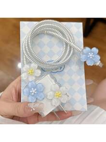 简约花卉充电保护壳，适用于 Apple 14/13/16/15 系列快速充电适配器，20W 充电器保护器，理想礼物 - 藍白花朵 - 查看 7