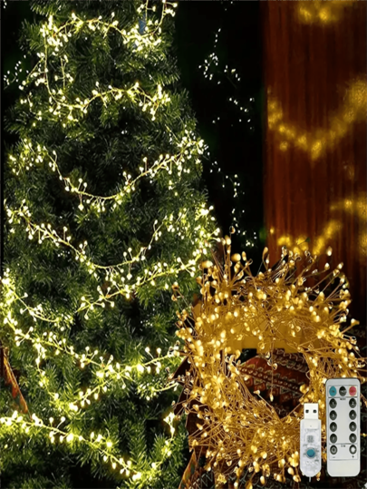 1 pieza 50/100 Luces de hadas de cadena con alimentación USB, luces de petardo parpadeantes, luces de cadena de petardos LED de luz cálida, con control remoto, 8 modos de iluminación, estilo DIY flexible, utilizadas para decorar dormitorios, fiestas, bodas, árboles de Navidad, guirnaldas de flores, decoración navideña XMAS, decoración de árboles de Navidad, regalos, decoración de Acción de Gracias, decoración del hogar, decoración de otoño, decoración de cumpleaños para regalos, suministros para fiestas, interior y exterior, jardín, decoración de festivales, decoración de Halloween, decoración de pared, adornos de Halloween