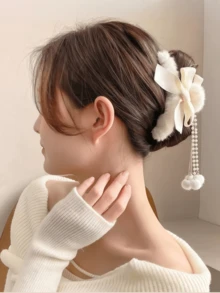 1个秋冬蝴蝶结发夹，毛绒爪夹，女士发夹，枕部发饰，大号爪夹，珍珠球，流苏发饰，优雅爪夹，冬季女士发饰 - 彩色 - 查看 9