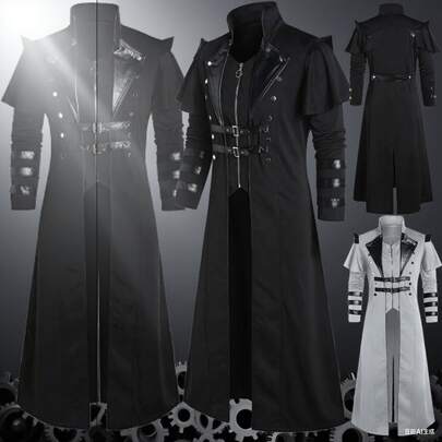 Vintage Halloween Medieval Steampunk Assassin Elves Pirate Costume Adult Men Black Long Split Jacket Gothic Armor Leather Coats
