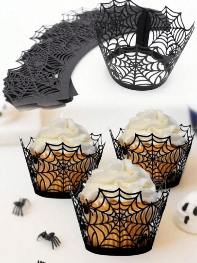 1/10/20 件万圣节蜘蛛网蛋糕围布、烘焙杯托、万圣节派对蜘蛛网纸杯蛋糕包装纸，适用于万圣节派对装饰、甜点桌装饰、餐厅、餐车、面包店、烘焙装饰、节日蛋糕装饰、厨房小工具