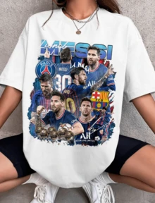 Bootleg Design T-Shirt, Football T-Shirt, T-Shirt, Barcelona, Barça, Argentina, W,Football Fan Theme Collage Team Logo Print Crew Neck T-Shirt Sweatshirt Tops Plus Size Clothes Multi Image Design Details Short Sleeve Y2K Style Relaxed Garment Style Suitable For All Seasons Machine Washable For Business Casual And Casual Wear Match Day Outings Usage Context - 白色 - 查看 1