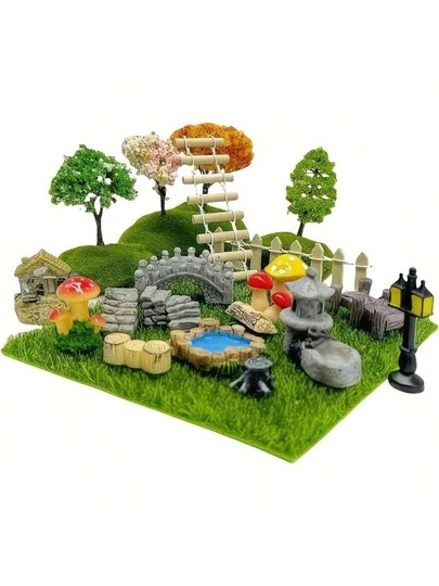 23pcs Fairy Garden Miniature Ornament Set, Resin & Plastic Material, Indoor/Outdoor Decor, Jumping Spider Fence, Mini Bridge, Fence, Pond, Street Lamp, Mushroom, Lawn Figurines, No Power Required - Suitable For Various Homes