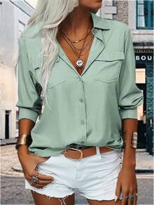 YOUSIFY Womens Basic Solid Lapel Long Sleeves Button Down Casual Office Blouse Shirt Top - Xanh nhạt - Xem 1