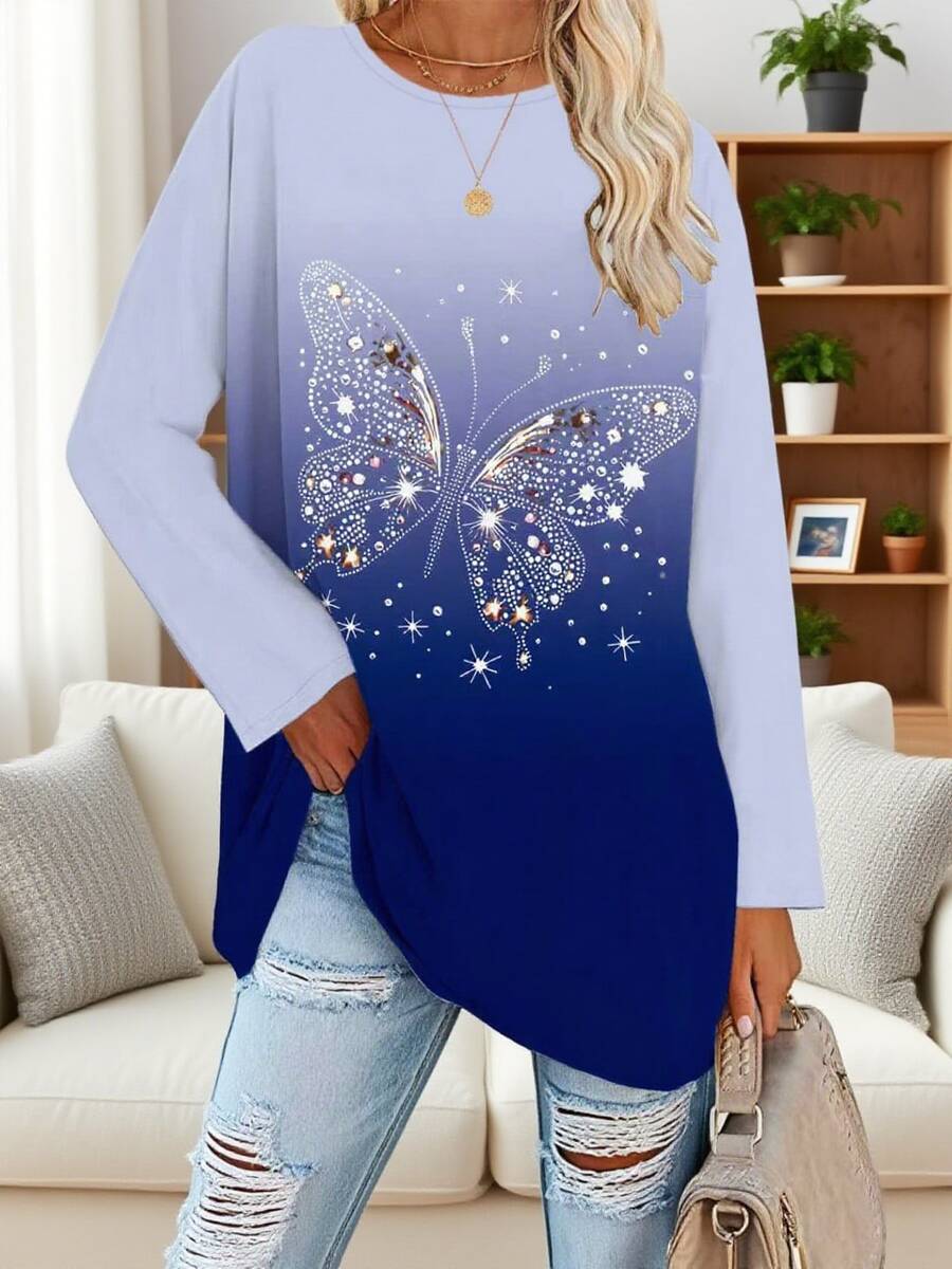 Women's Plus Size Ombre Butterfly Print Long Sleeve Top, Suitable For Autumn/Winter Everyday Wear Spring - Blue - View 1