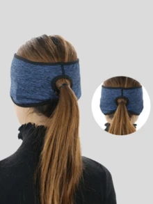 1pc Elastic Ear Warmer Headband With Ponytail Hole - Stretchy, Warm Sports Headband For Running, Yoga, Hiking Breathable Polyester, All-Season Comfort, Blue With Black Accents, Exercise Headband - Multicolor - View 2