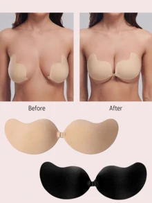 قطعة واحدة من حمالة الصدر اللاصقة بدون ظهر ذات اللون الأسود والبيج، قابلة لإعادة الاستخدام، ذات دعامة للرفع، مخفية وبدون أشرطة، مناسبة للحفلات والمناسبات الخاصة