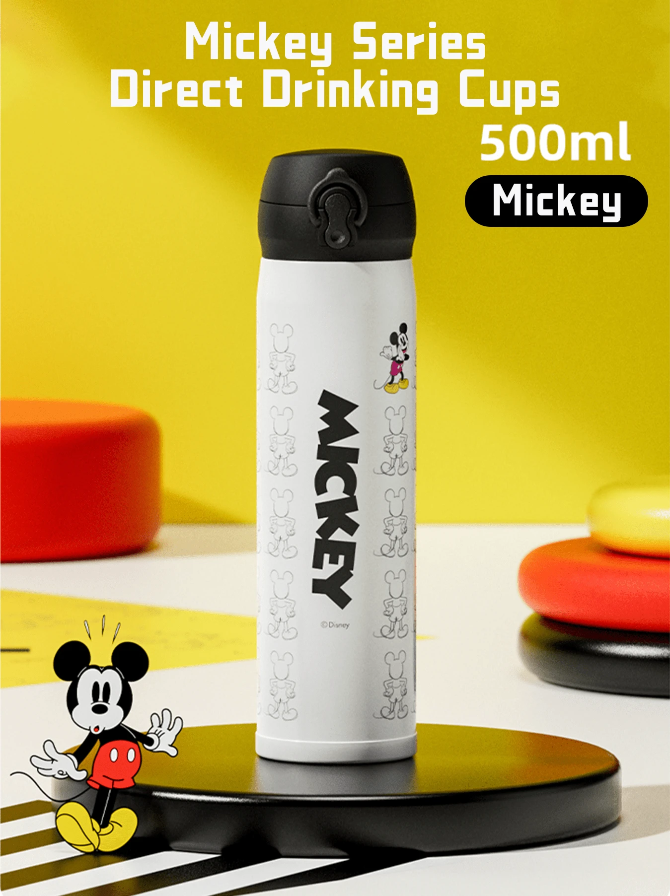500 Ml Insulated Water Bottle, Leak-Locking Flip Cap, Vacuum Wall Keeps Beverages Hot Or Cold For Hours, High-Quality Stainless Steel Interior, Classic Print, Slim Base Slides Into Car Holders & Backpack Pockets, Ideal For School, Gym, Office, Travel, Gift-Ready For Fans - Mickey-white - View 1