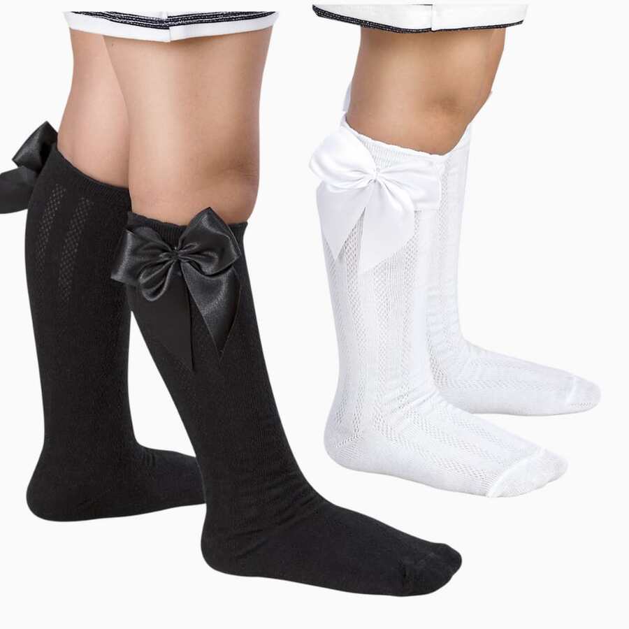 Children's 3/4 Party Socks 16-33 Satin Bow Long Shaft Youth Girl Baptism Wedding Flower Girl Social Dance Events Elegant Quality Soft Touch Coquette Korean School Drama - 黑與白 - 查看 1