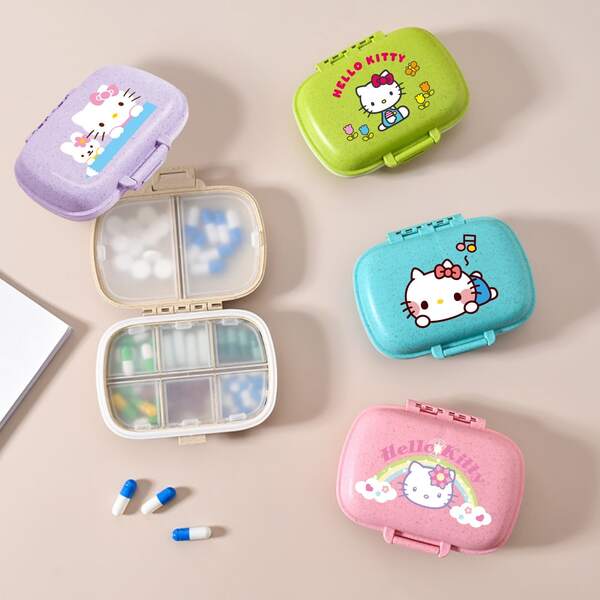 Sanrio 4pcs Portable 8-Compartment Vitamin Medicine Pill Box, Dustproof Moisture-Proof Sealed Pill Case, Jewelry Box For Travel, Wheat Straw