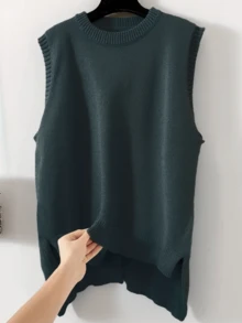 休闲简约百搭通勤套头毛衣，圣诞节加大码女式背心，春秋冬季时尚纯色圆领加大码针织开衫，下摆开衩 - 墨綠色 - 查看 1