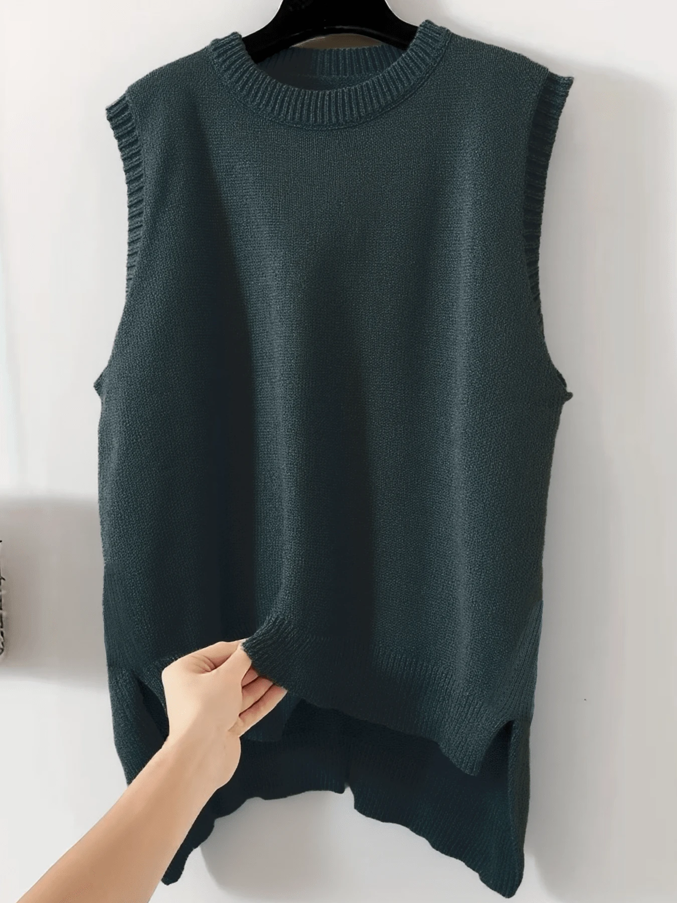 休闲简约百搭通勤套头毛衣，圣诞节加大码女式背心，春秋冬季时尚纯色圆领加大码针织开衫，下摆开衩 - 墨綠色 - 查看 1
