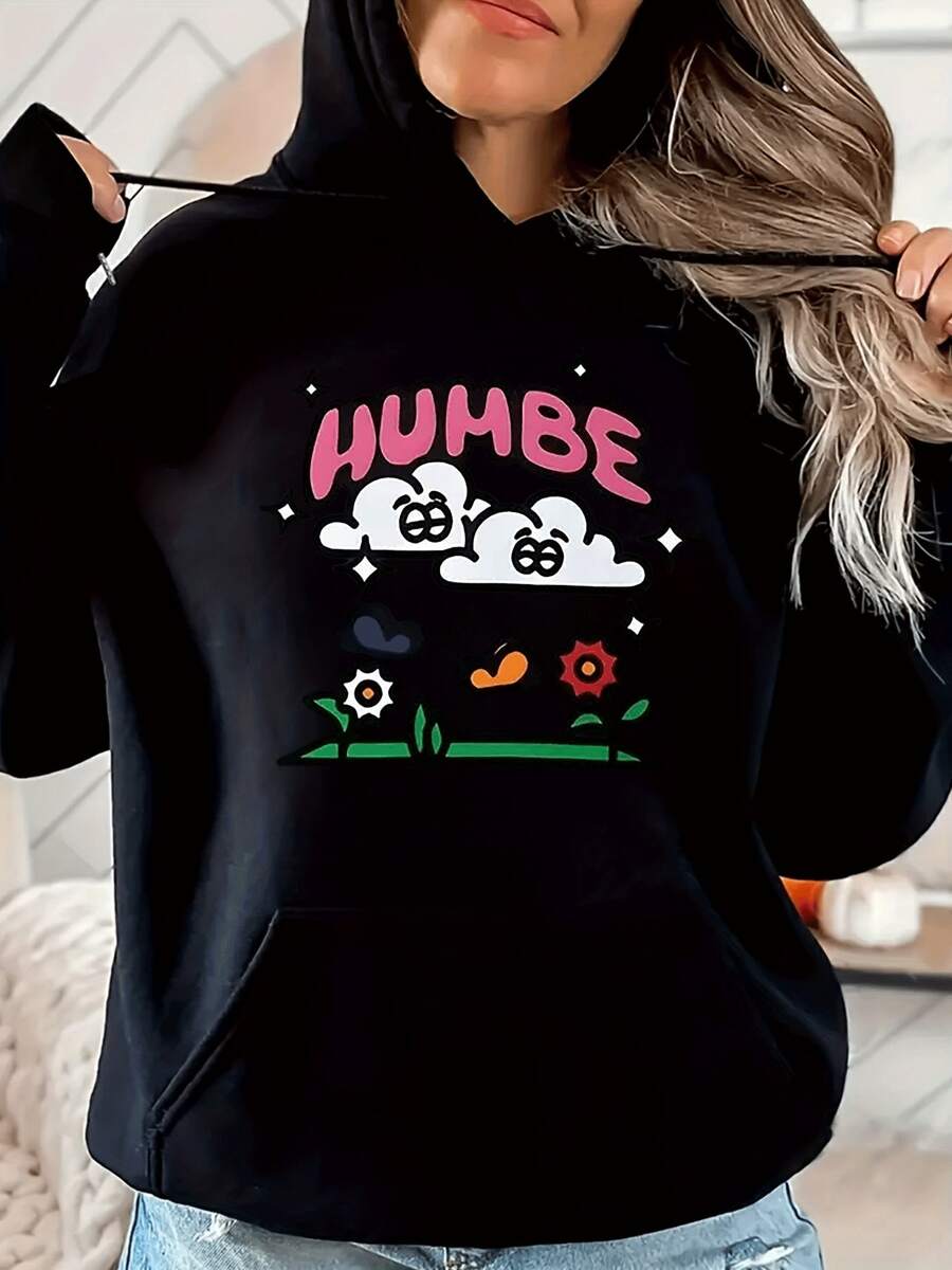 Women's Casual Hoodie Sweatshirt With HUMBE Clouds & Flowers Print,Fashionable Pullover Jumper For Daily Wear,Stylish And Comfortable - màu đen - Xem 1