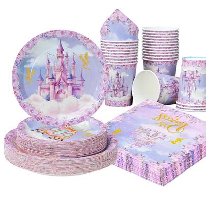 25pcs/Set Disposable Tableware, 7"/9" Floral Castle Design Paper Plates, Happy Birthday Disposable Plates, Party Supplies, Animal Disposable Party, Birthday Party Gathering, Gift Party, Celebration Decorations
